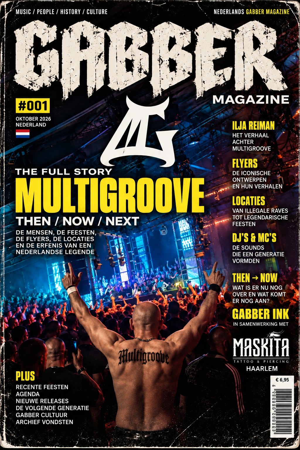 Coverconcept van Gabber Magazine: gele Multigroove-titel, verweerde letters en een volle hardcorezaal in blauw en rood licht.