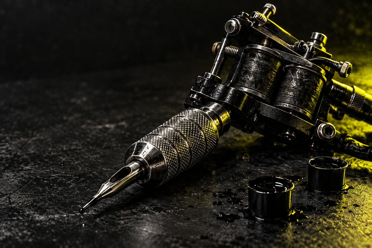 Sfeervisual van een tattoo-machine en naald met zwart staal en gele lichtaccenten.